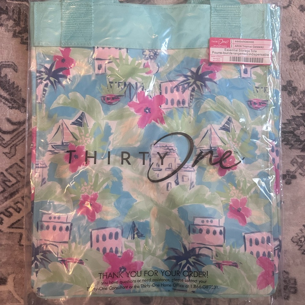Thirty-One Essential Storage Tote Bag - Tropical Getaway - Blue and Pink